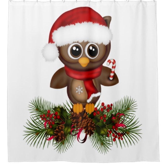 Cute Christmas Owl On Pine Branch Shower Curtain (Front)