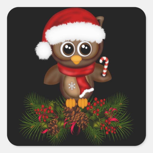 Cute Christmas Owl On Pine Branch Stickers (Front)