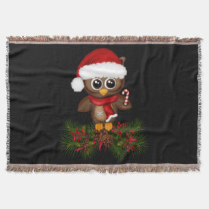 Cute Christmas Owl On Pine Branch Throw Blanket
