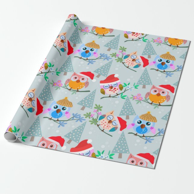 Cute Christmas Owl Pattern Wrapping Paper (Unrolled)