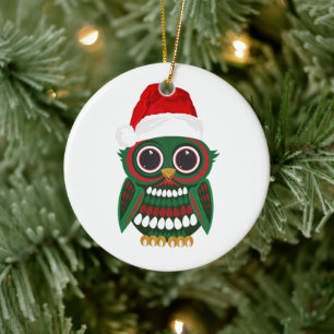 Cute Christmas Owl Plaid Cosy Festive Holiday Ceramic Ornament