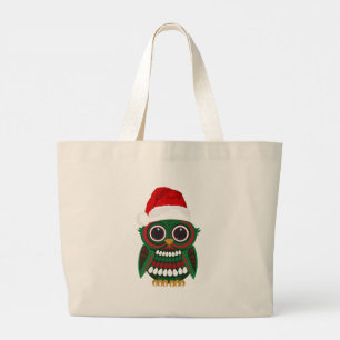Cute Christmas Owl Red Green Plaid Festive Holiday Large Tote Bag