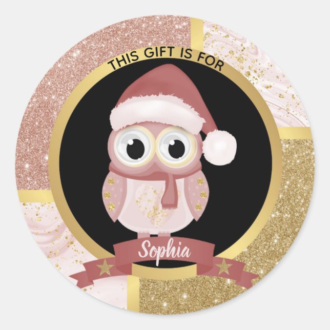 Cute Christmas Owl Rose Gold Glitter Classic Round Sticker (Front)