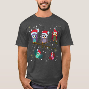 Cute Christmas Owls Wearing Santa Hats in Snowy Wi T-Shirt