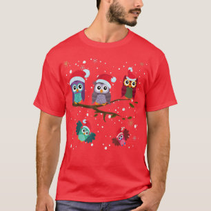 Cute Christmas Owls Wearing Santa Hats in Snowy Wi T-Shirt