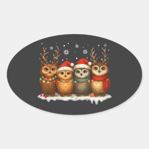 Cute Christmas Owls with Santa Hats & Reindeer Oval Sticker