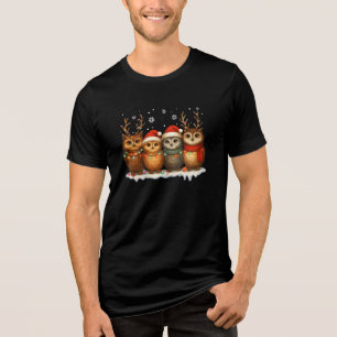 Cute Christmas Owls with Santa Hats & Reindeer Tri-Blend Shirt