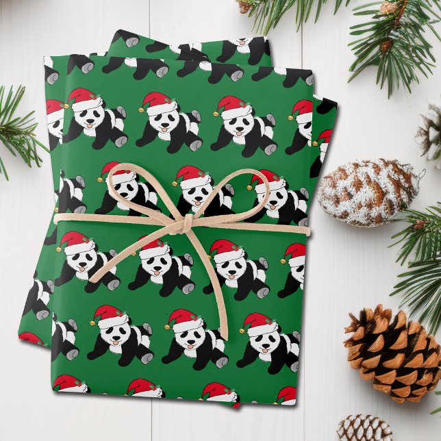 Cute Christmas Panda Bear Kids Green Holiday Wrapping Paper Sheet (Creator Uploaded)