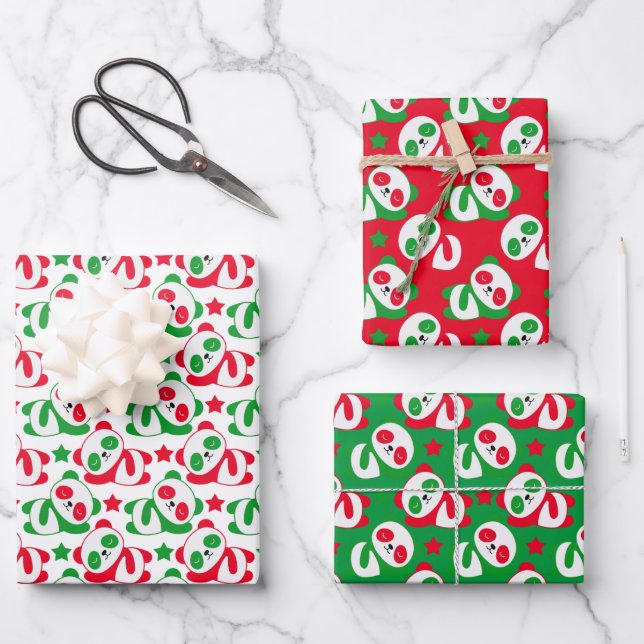 Cute Christmas Panda Bear Kids Red Green Wrapping Paper Sheet (Front)