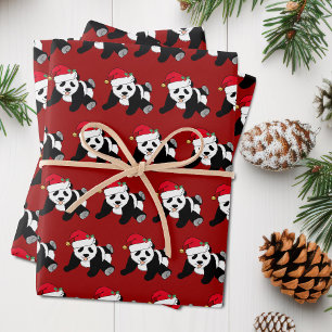 Cute Christmas Panda Bear Kids Red Wrapping Paper Sheet