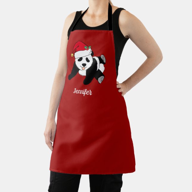 Cute Christmas Panda Bear Personalised Red Apron (Insitu)
