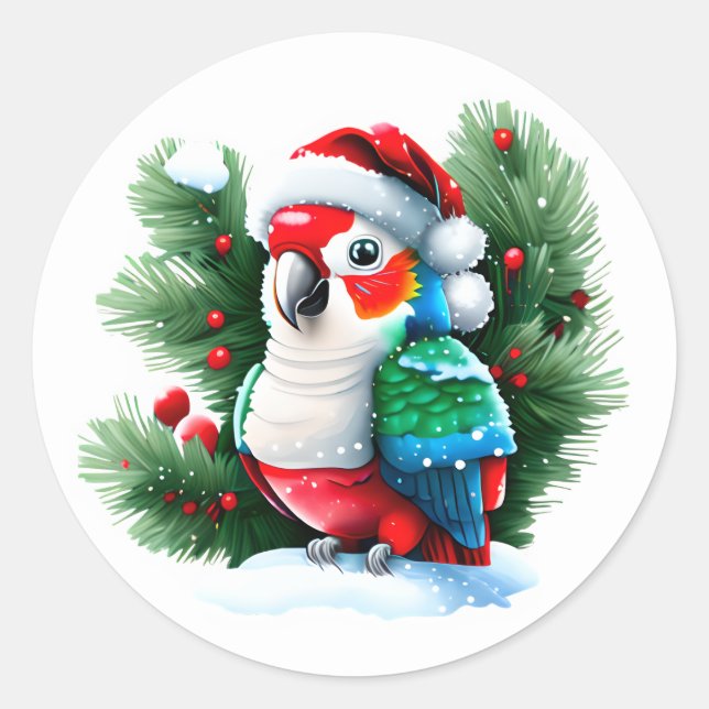 Cute Christmas Parrot Classic Round Sticker (Front)