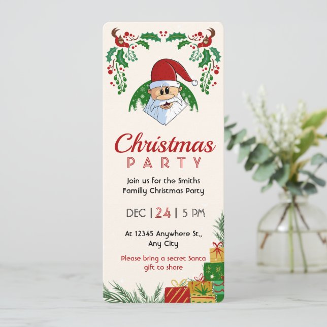 Cute Christmas Party Santa Festive Elegant Floral Invitation (Standing Front)