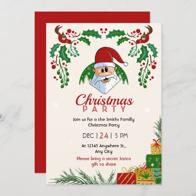 Cute Christmas Party Santa Festive Elegant Floral Invitation (Front/Back)