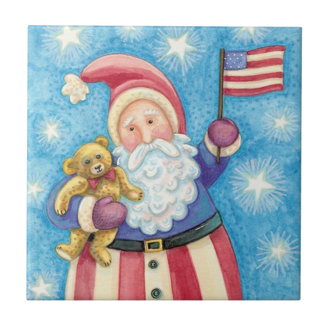 Cute Christmas, Patriotic Santa Claus with Flag Ceramic Tile (Front)