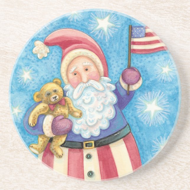 Cute Christmas, Patriotic Santa Claus with Flag Coaster (Front)