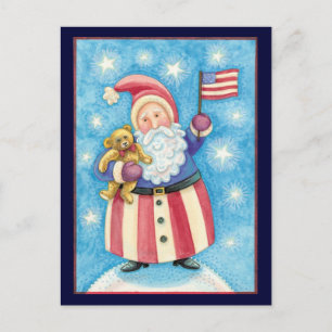 Cute Christmas, Patriotic Santa Claus with Flag Holiday Postcard