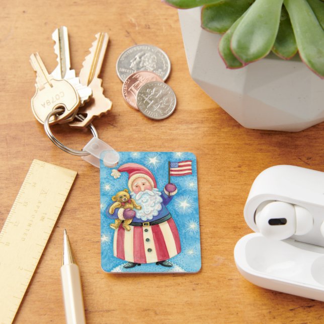 Cute Christmas, Patriotic Santa Claus with Flag Key Ring (Desk)