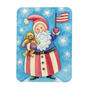 Cute Christmas, Patriotic Santa Claus with Flag Magnet