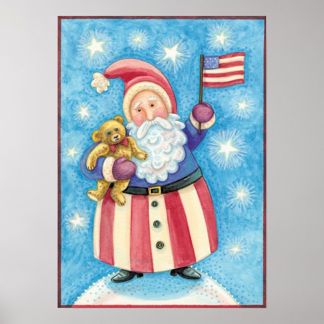 Cute Christmas, Patriotic Santa Claus with Flag Poster (Front)
