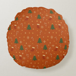 Cute Christmas Pattern – Candy Canes, Trees Round Cushion