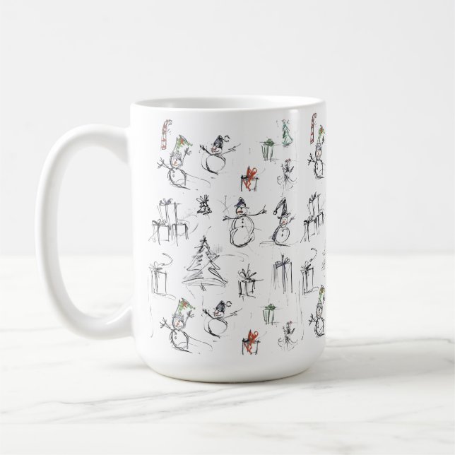 Cute Christmas Pattern with Snowman, Tree, and Gif Coffee Mug (Left)