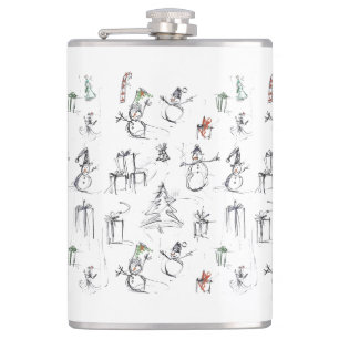 Cute Christmas Pattern with Snowman, Tree, and Gif Hip Flask