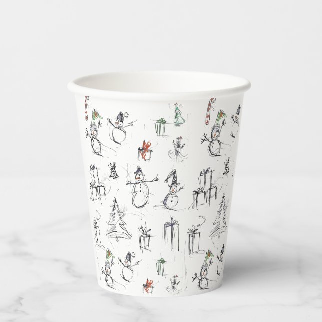 Cute Christmas Pattern with Snowman, Tree, and Gif Paper Cups (Front)