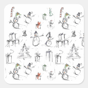 Cute Christmas Pattern with Snowman, Tree, and Gif Square Sticker