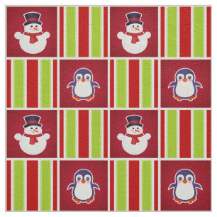 Cute Christmas Pattern With Snowmen And Penguins Fabric