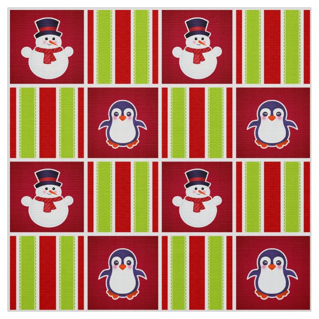 Cute Christmas Pattern With Snowmen And Penguins Fabric (Swatch)