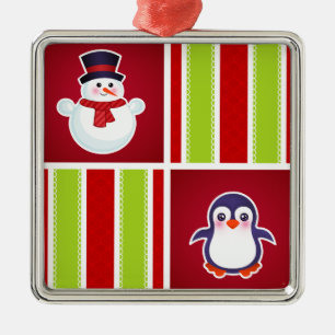 Cute Christmas Pattern With Snowmen And Penguins Metal Tree Decoration