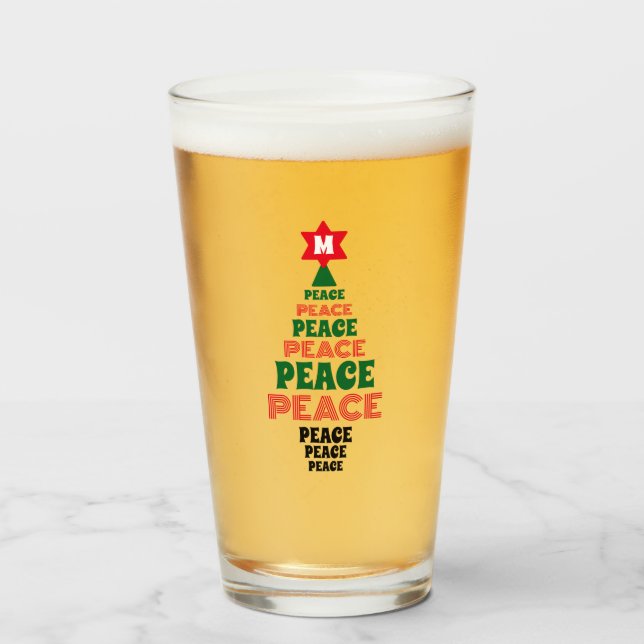 Cute Christmas Peace Green Tree Custom Initial Glass (Front Filled)