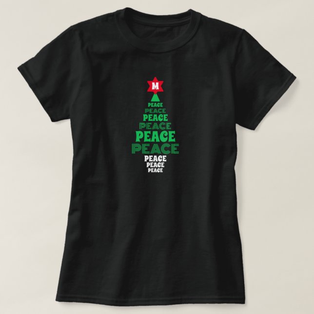 Cute Christmas Peace Tree Custom Initial Black T-Shirt (Design Front)