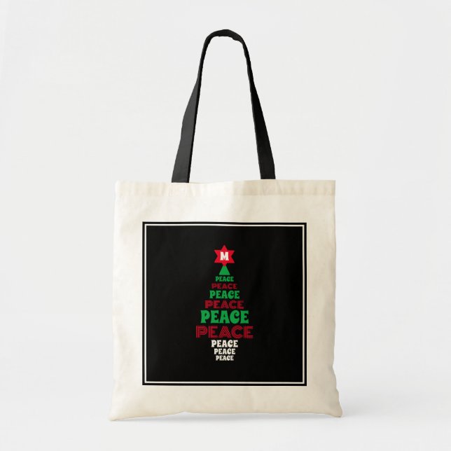 Cute Christmas Peace Tree Custom Initial Black Tote Bag (Front)
