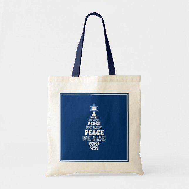 Cute Christmas Peace Tree Custom Initial Blue Tote Bag (Front)