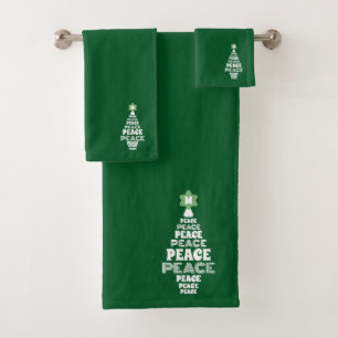 Cute Christmas Peace Tree Custom Initial Greem Bath Towel Set