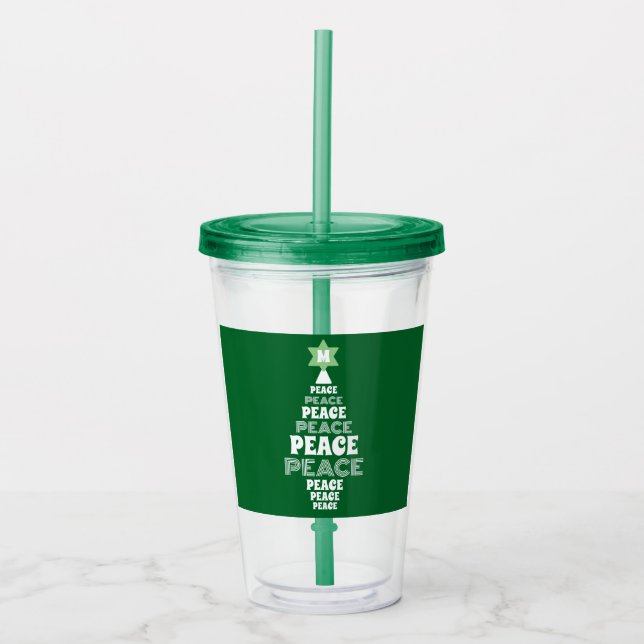 Cute Christmas Peace Tree Custom Initial Green Acrylic Tumbler (Front)
