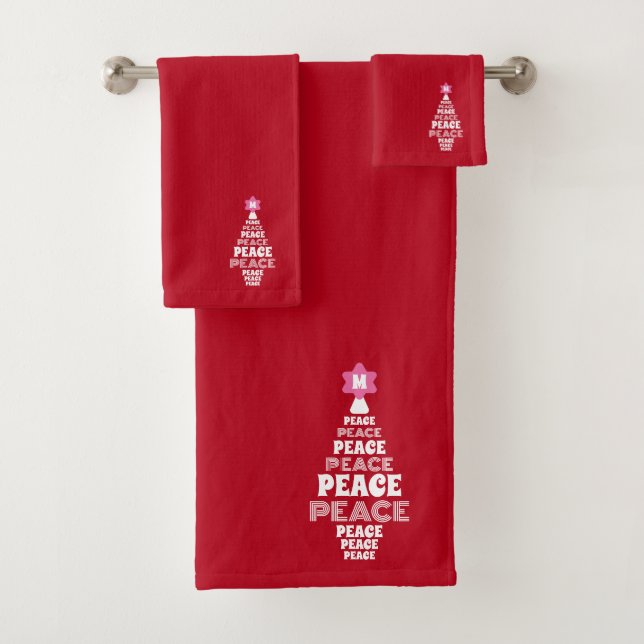 Cute Christmas Peace Tree Custom Initial Red Bath Towel Set (Insitu)