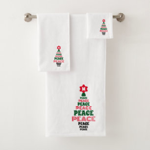 Cute Christmas Peace Tree Custom Initial White Bath Towel Set