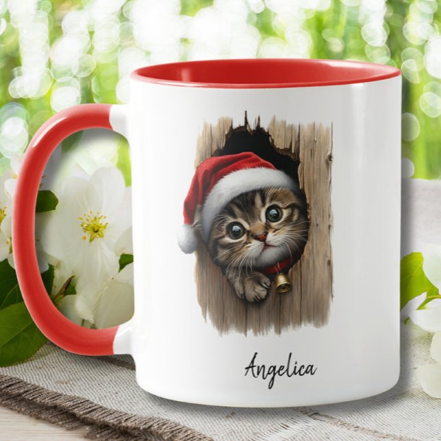 Cute Christmas Peeking Cat With Santa Hat Custom Mug (Creator Uploaded)