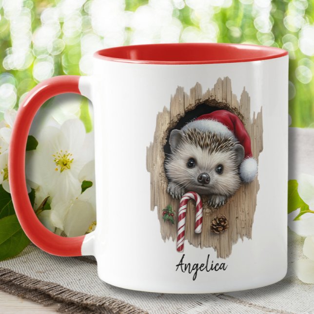 Cute Christmas Peeking Hedgehog Santa Hat Custom Mug (Creator Uploaded)