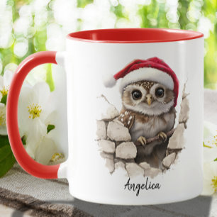 Cute Christmas Peeking Owl with Santa Hat Custom Mug