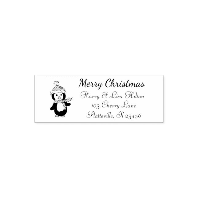 Cute Christmas Penguin Address Label Self-inking Stamp (Design)
