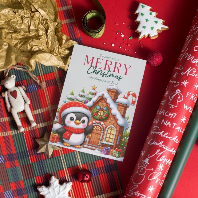 Cute Christmas Penguin and Gingerbread House  Holiday Card (Creator Uploaded)