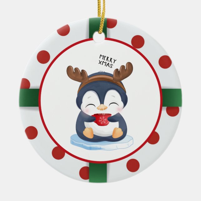 Cute Christmas Penguin Ceramic Ornament (Front)