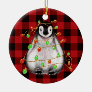 Cute Christmas penguin drawing red black plaid  Ceramic Ornament