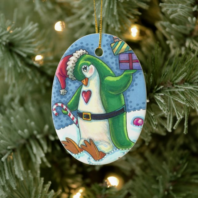 CUTE CHRISTMAS PENGUIN DRESSED IN GREEN, HOLIDAY CERAMIC ORNAMENT (Tree)