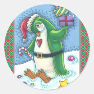 CUTE CHRISTMAS PENGUIN DRESSED IN GREEN, HOLIDAY CLASSIC ROUND STICKER