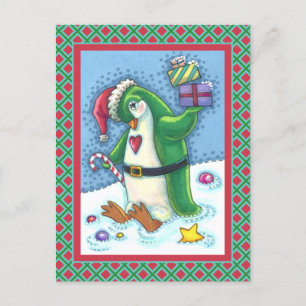CUTE CHRISTMAS PENGUIN DRESSED IN GREEN, HOLIDAY POSTCARD